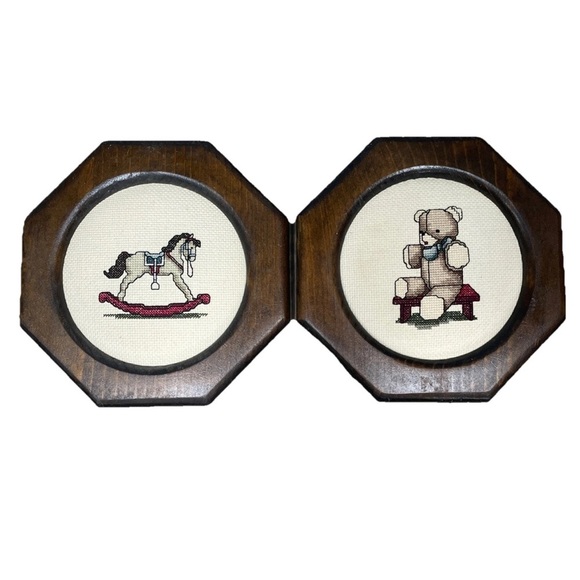 Set Of 2 Vintage Wood Framed Rocking Horse & Teddy Bear Cross-Stitch Art Nursery - Picture 1 of 7